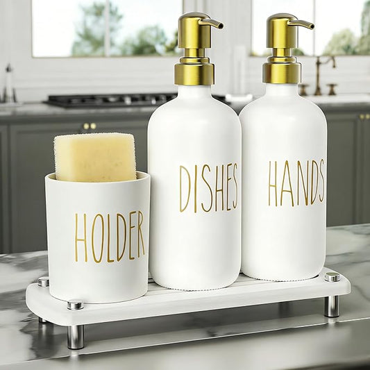 Cisily Gold Kitchen Soap Dispenser Set with Dish Brush Holder, Dish and Hand Soap Dispenser Set with Stainless Steel Pumps, Instant Dry Tray, Suitable for Kitchen Decor and Accessories(Gold&White)