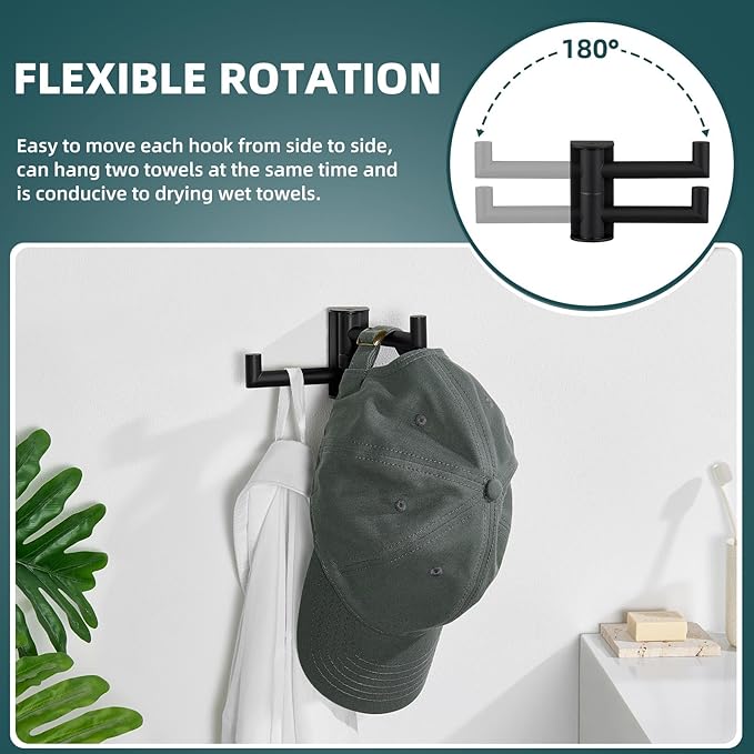Suyar Matte Black Double Towel Hook, SUS304 Stainless Steel Bathroom Robe Coat Hook with 2 Swivel Arms, Rotating Towel Holder for Kitchen RV Storage, Wall Mounted
