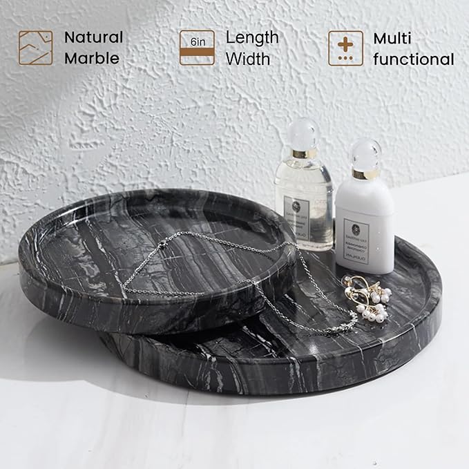 Natural Marble Tray, Round Black Tray for Bedroom/Bathroom/Kitchen/Vanity Countertop, Jewelry Tray for Rings Earrings Necklace Bracelet Watch, Room Decor Aesthetic