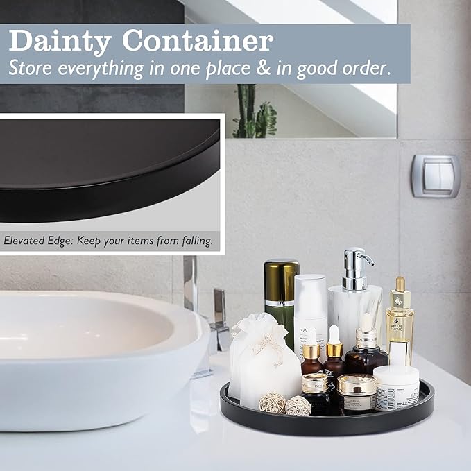 Emibele Vanity Tray, Resin Round Tray Decorative Storage Organizer for Bathroom Toilet Tank Bedroom Kitchen Countertop, Jewelry Storage Dresser Tray for Candle,Lotion Bottle,Cosmetics, Matte Black