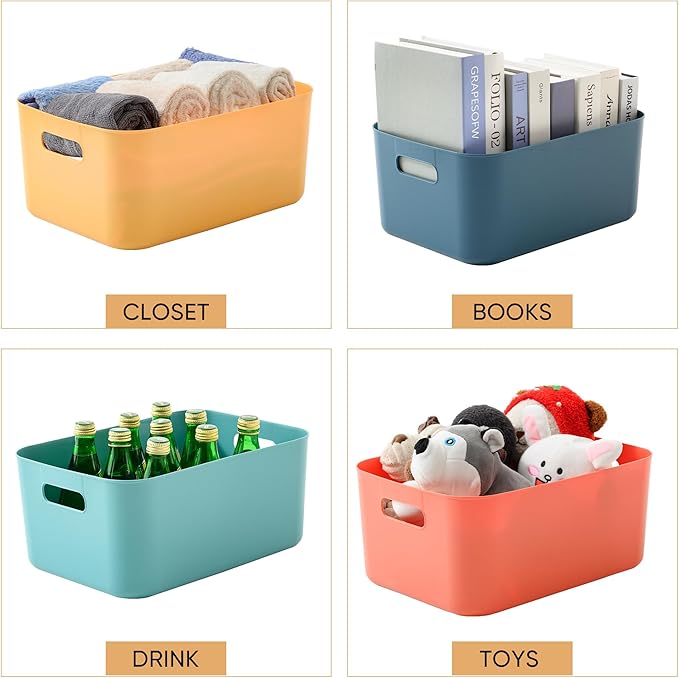 Plastic Storage Bins with Lid, Stackable Storage Containers for Organizing, Decorative Storage Baskets for Shelves Living Room Playroom Classroom Office (Medium (4 PCS))