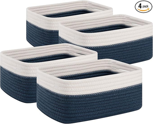 OIAHOMY 4 Pack Storage Baskets for Organizing, Small Bins for Shelves, Cute Decorative Storage Bins, Organizer Baskets for Gifts Empty, 11.8''Lx7.8''Wx4.7''H, Blue/White