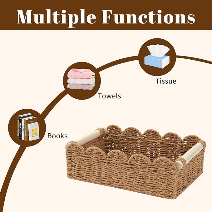 2-Pack Wicker Storage Baskets, Small & Big Scalloped Laundry Baskets for Shelves, Boho Bathroom Decor Organizer with Handles for Toilet Paper, 11.8x7.9x3.9 & 9.8x5.9x3.5 Inch