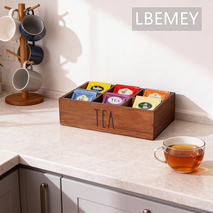 Tea Bag Organizer,Acacia Wood Tea Storage Containers with 6 Compartments, Sugar Packet Holder,Tea Bag Caddy Box for Cabinet Countertop Office (Brown- Labeled TEA)