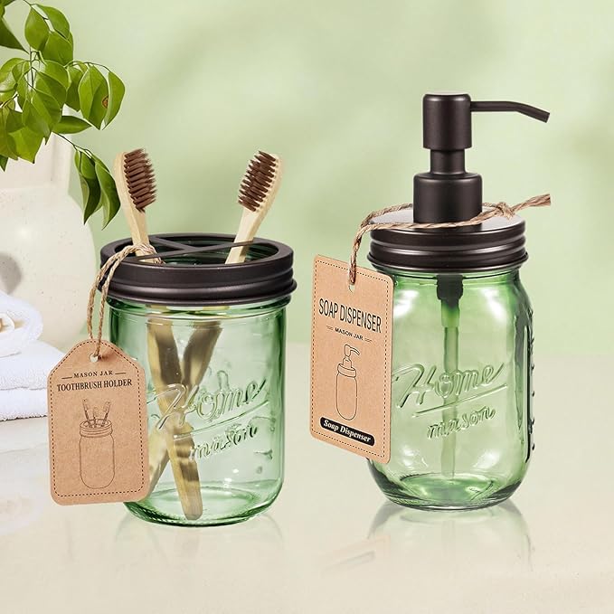 Amolliar Mason Jar Bathroom Accessories Set, 4 Pcs Green Glass Bathroom Set-Lotion Soap Dispenser, 2 Qtip Holders, Toothbrush Holder, Rustic Farmhouse Decor, Bathroom Home Decor For Countertop(Bronze)