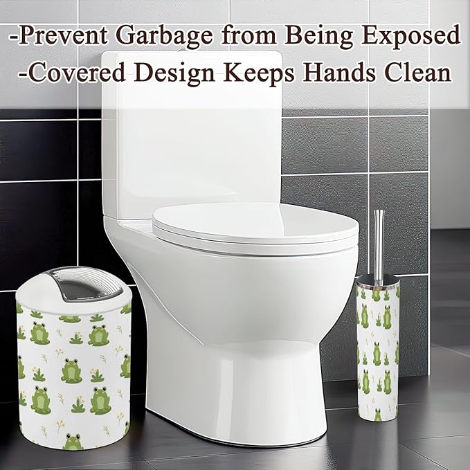 6 Piece Bathroom Accessories Set Cute Frogs Nature Seamless Pattern Funny Green Frog Character Pattern Trash can Toilet Brush Holder Toothbrush Holder Toothbrush Cup Soap Dispenser Soap Dish for Home