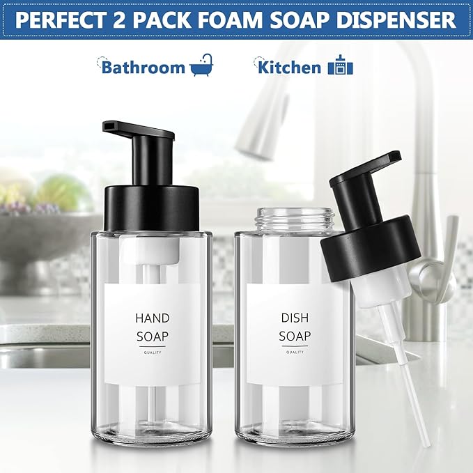 Foaming Soap Dispenser, 10 oz/300ml Foaming Hand Soap Dispenser, 2 Pack Glass Foaming Soap Dispenser for Bathroom & Kitchen, Clear Refillable Foam Soap Dispenser Bottle with Waterproof Labels