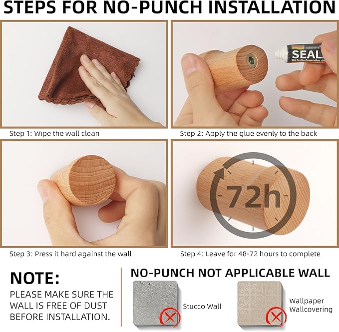 4 Pack Wood Hooks Wooden Coat Hat Hooks Natural Modern Home Decorative No Damage Adhesive for Bathroom Entryway Wall Towels Wallets Clothes Space Saving Gift (Beech)