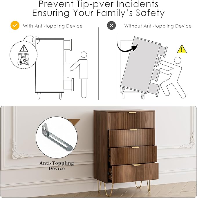 Masupu 4 Drawer Dresser, Drawer Chest, Tall Storage Dresser Chest Cabinet Organizer Unit with Gold Metal Legs, Nightstand for Bedroom, Living Room, Closet, Hallway Walnut Stripe