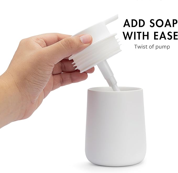 Matte White Round Soap Dispenser for Kitchen & Bathroom – 9 oz Refillable Resin Pump Bottle for Dish Soap, Hand Soap, Shampoo, Conditioner – Modern Countertop Dispenser with Non-Slip Protective Pads