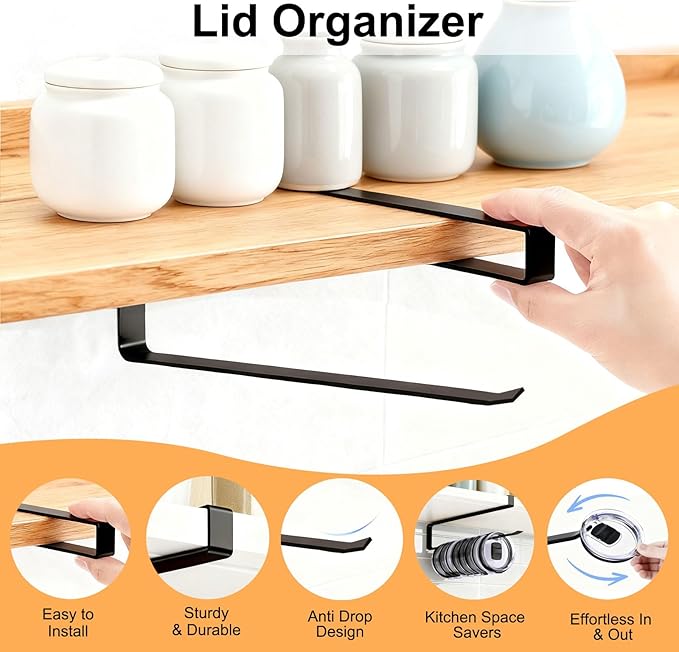 Tumbler Lid Organizer for Cabinet - Behind Door & Under Shelf Mount, Kezvulp No-Drill Holder (10-12 Capacity), Space Saving Anti-Drop Rustproof Rack, Fits 24oz Tumbler & 30/40oz Water Bottle Lids