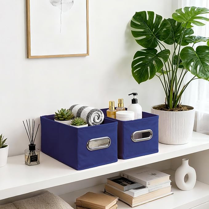 Narrow Storage Baskets for Shelves – Fabric Closet Organizers and Collapsible Storage Bins with Metal Handles – Space-Saving Baskets for Clothes, Towels, 5.9 x 11.8 x 5.9 inch (Royal blue)