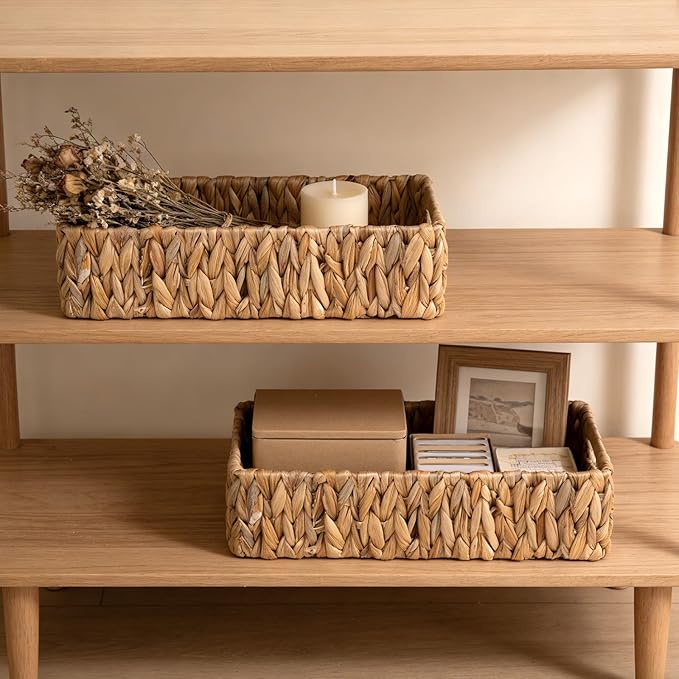 Toilet Paper Storage Basket for Bathroom, Water Hyacinth Toilet Tank Baskets Organizer, Wicker Small Basket Woven Long Narrow Baskets for Back of Toilet Both Storage&Decor, Set of 2