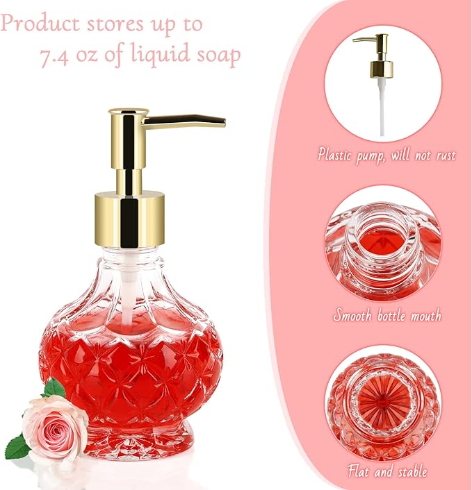 Glass Hand Soap Dispenser Bathroom with Rust Proof Pump for Kitchen Dish Soap, Hand Soap, Essential Oil & Lotion (New Gold)