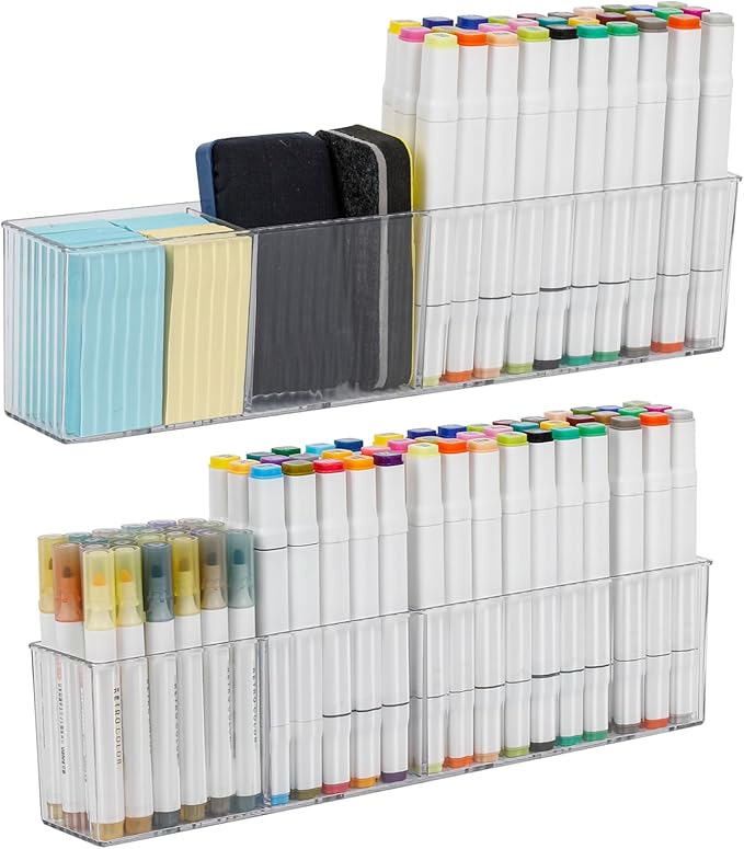 2 Pack Whiteboard Marker Holder for Home Office, Clear Magnetic Cup Holder for Dry Erase Marker, Remote Control, Cards, Locker Accessories, Refrigerator, Adhesive Bathroom Supplies Organizer