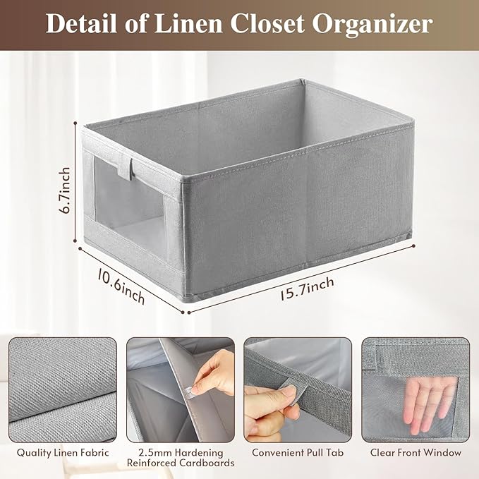 Linen Closet Organizers and Storage, 2 Pack Storage Bins Linen Clothing Organizer Baskets with Mesh Window, Foldable Closet Organizer for Clothing, Towels, Toys, Nursery, Books, Shelves (Grey)