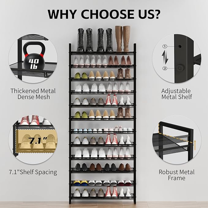 Shoe Rack, 12-Tier Metal Shoe Organizer, Tall Shoe Rack for Closet,entryway,Garage, with Adjustable Flat or Angled Shelves, 52-60 Pairs,Shoes That can accommodate The Whole Family.