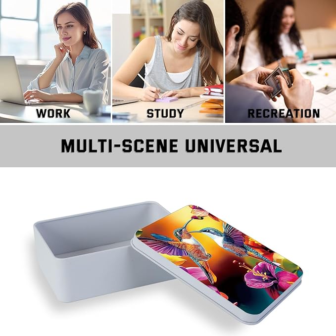Metal Tin Box with Lid for Game Cards Home Organizer Candles Keys Crafts Storage - Equipped with 4 Magnetic Cord Clips，Hummingbirds and flowers