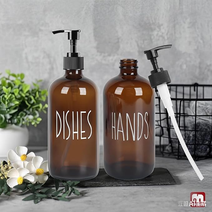 Dish Soap Dispenser with Plastic Pump for Kitchen - 16 OZ Glass Hand Soap Dispenser Set - Kitchen Bathroom Decor and Accessories (Dark Brown)