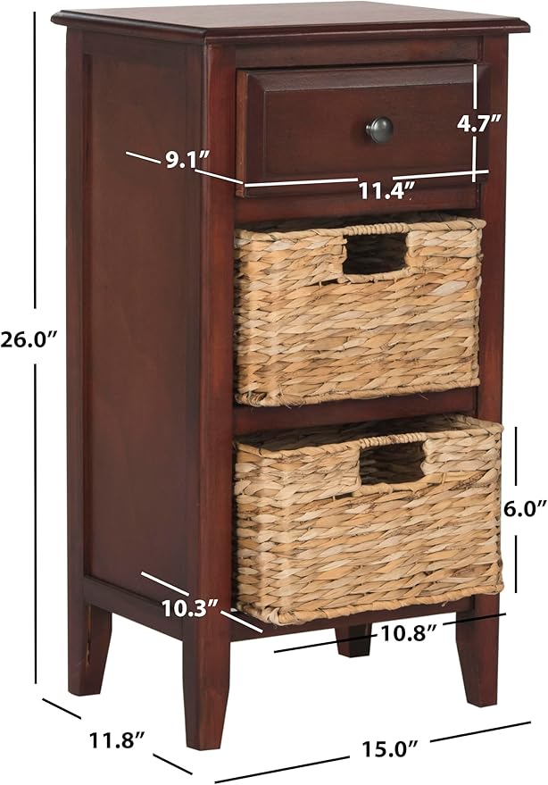 SAFAVIEH Home Collection â Everly Cherry 3-Drawer Side Table with Woven Basket Storage, Fully Assembled Farmhouse Accent Table (AMH5743C)