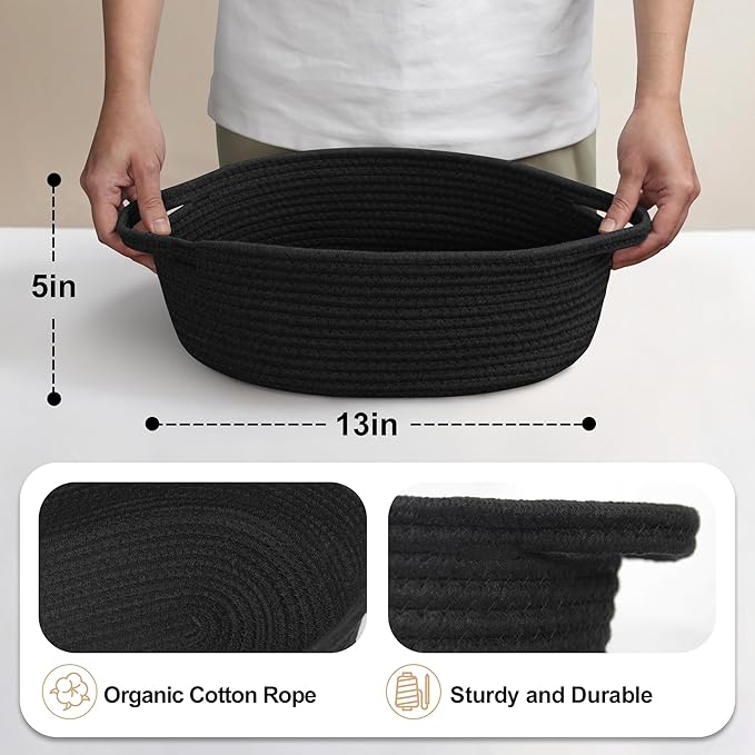 Black Woven Basket, 13â x 9â x 5â Cute Dog Toy Basket, Soft Cotton Rope Storage Box, Cat Toy Bin, Baskets for Gifts Empty, Small Baskets for Organizing, Decorative Basket
