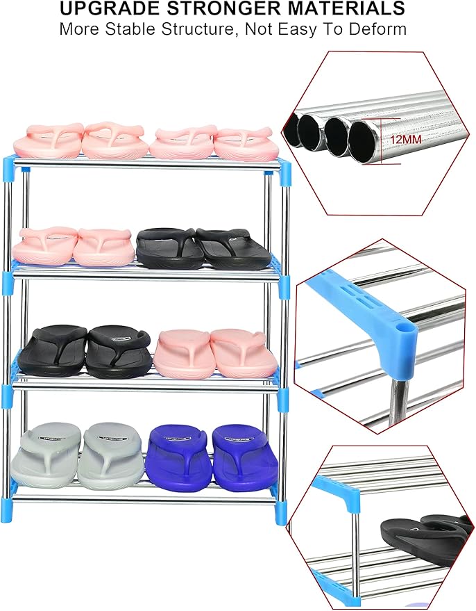 LNYZQUS Upgrade 4 Tier Small Shoe Rack, Kids Show Rack Closet Shoe Organizer,Compact Stackable Shoe Shelf Shoe Stand Floor Shoe Rack for Narrow Space,Zapateras Organizer for Shoes (Blue)