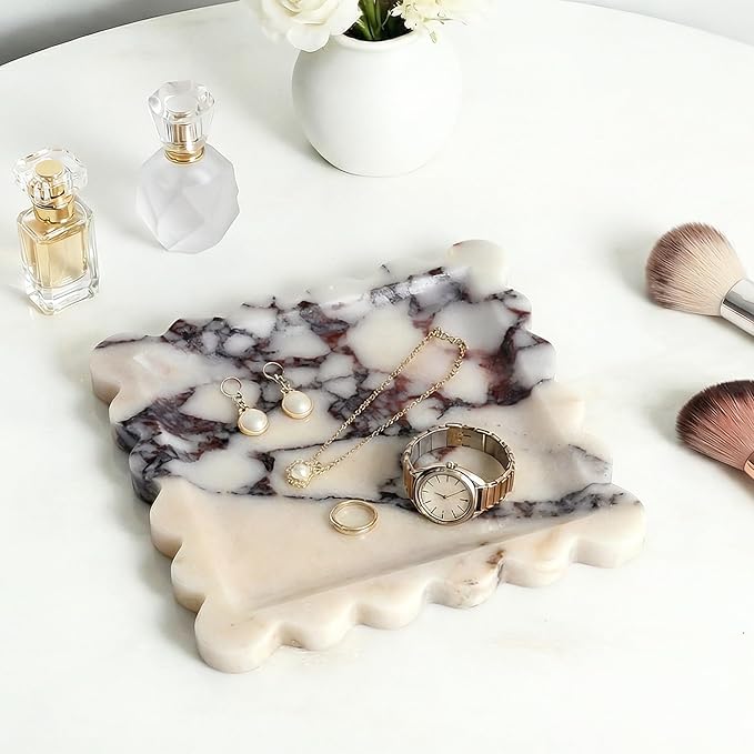 Elegant Square Marble Decorative Tray with Scalloped Edge Natural Stone Vanity Tray Organizer for Counter, Vanity, Dresser, Nightstand, Bathroom & Kitchen Sink(Calacatta Viola)