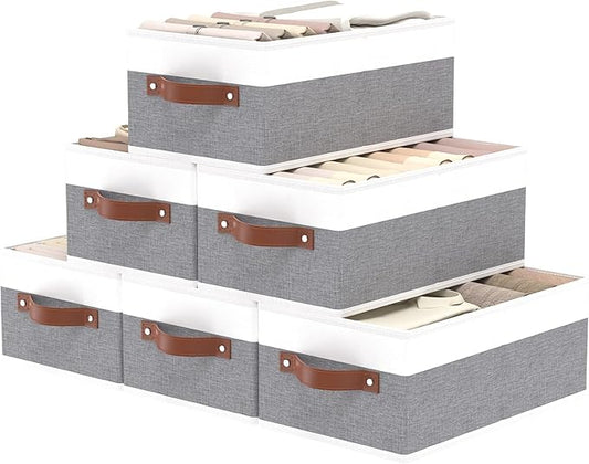 OUTBROS Storage Bins, Foldable Storage Baskets for Organizing,Fabric Storage Boxes With Handles,For bedrooms, living rooms, Shelves,Gray/White,16.1x6.5x9.8in,6-Pack