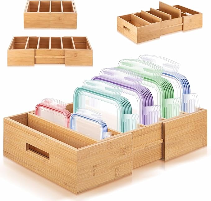 Juexica 11.8"-18.7" Expandable Bamboo Lid Organizer for Cabinet Adjustable Kitchen Cabinet Organizer Drawer Kitchen Organization with Dividers for Food Container Pantry Storage, Natural