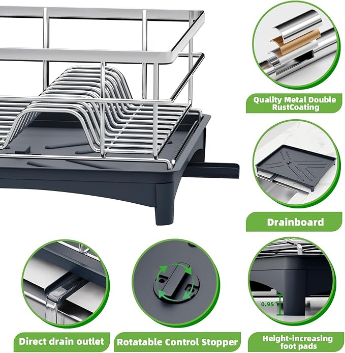 Dish Drying Rack - Space-Saving Dish Rack for Kitchen Counter with Removeable Cutlery Holder,Rustproof & Sturdy Auto-Drain Organizer for Plates,Cups,Knife,Silvery