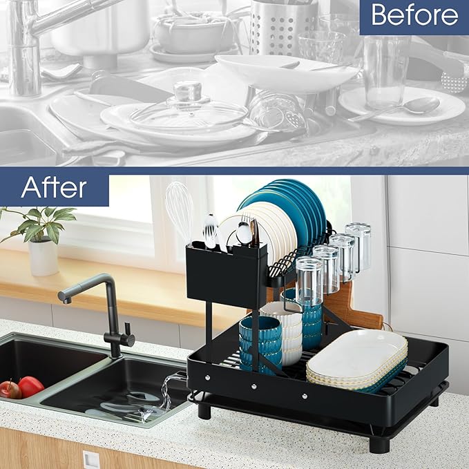 Dish Drying Rack for Kitchen Counter, Stainless Steel 2 Tier Dish Rack w Drainboard, Foldable 360° Rotatable & Expandable Drainer, Space-Saving Dish Strainers for Kitchenware