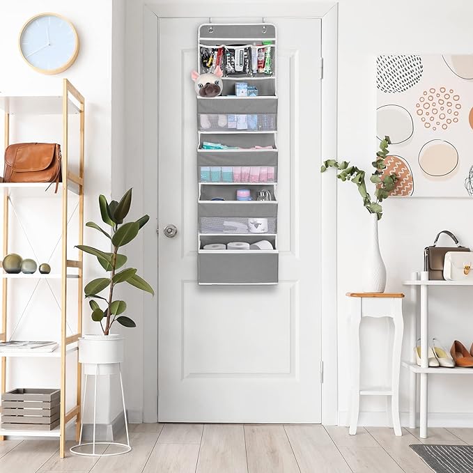 NesTidy Over The Door Organizer Storage, Wall Mount Hanging Organizer with 4 Large Capacity Pocket Organizers and 3 Small Pockets for Baby Essentials, Toys, Cosmetics, and Sundries (Grey, 1 Pack)