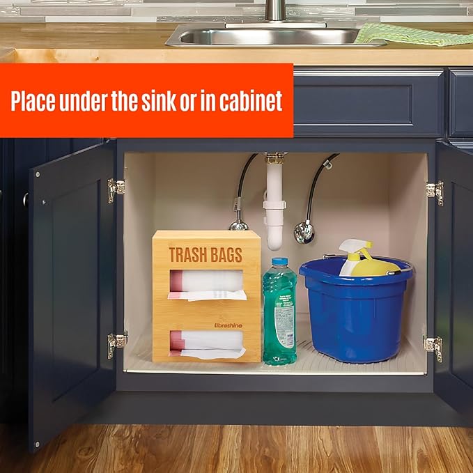 Bamboo Double Trash Bag Holder Dispenser – Wall Mount or Cabinet Storage for Kitchen/Pantry/Laundry, Holds 2 Standard Rolls – Space-Saving Garbage Bag Organizer with Easy Access