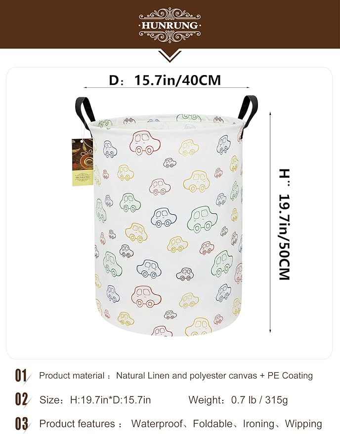 HUNRUNG Laundry Hamper,Large Canvas Fabric Lightweight Storage Basket Toy Organizer Dirty Clothes Collapsible Waterproof for College Dormsï¼Round-Carï¼
