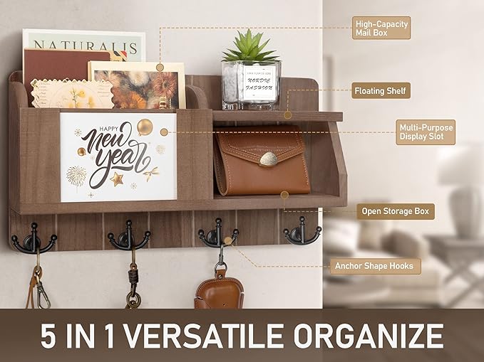 Rebee Vision Farmhouse Key and Mail Holder for Wall - Mail Organizer with Chalkboard and 4 Hooks - Rustic Home Decor for Entryway