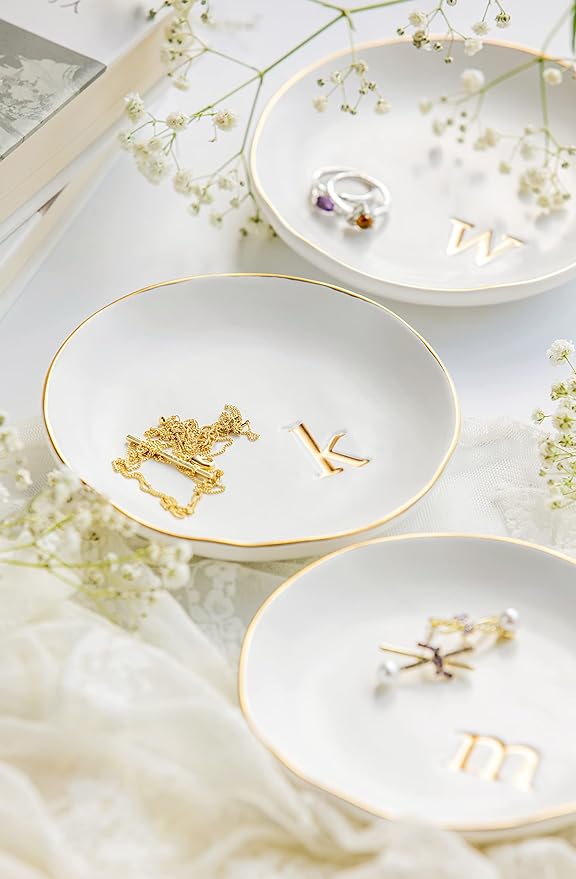 COLLECTIVE HOME - Ceramic Jewelry Tray, Decorative Trinket Dish for Rings Earrings Necklaces Bracelet Watch Keys, Birthday Mother's Day Christmas Gift for Women, 4.75", White Surface (x)
