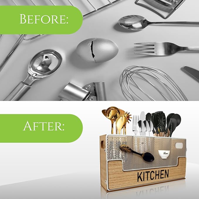 4 Compartments Large Kitchen Utensil Holder Organizer for Counter or Countertop|Wooden Storage Container for Cooking and Silverware| Farmhouse Rustic For Kitchen Organizer