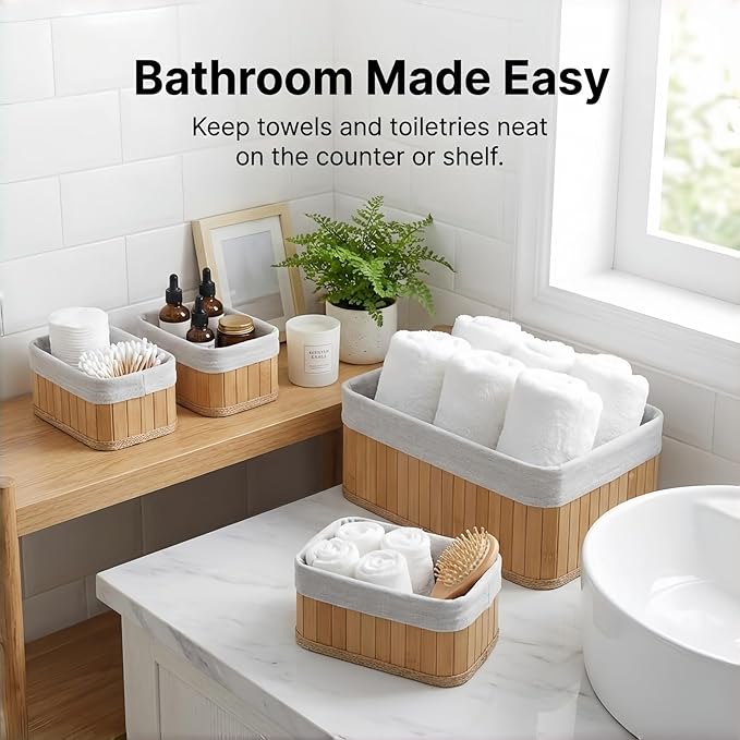 Pwryon Deosur 4-Pack Bamboo Storage Baskets with Removable Washable Liners – Natural Woven Organizers for Closet, Bathroom, Bedroom & Pantry