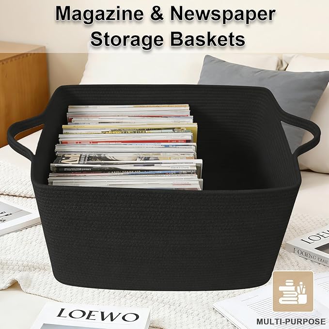Magazine & Newspaper Baskets,Large Woven Rope Blanket Basket,24"x16"x15"Storage Bin with Handle,Toys Storage,Laundry Basket for Home Organization/Living Room/Nursery/Bedroom,Black