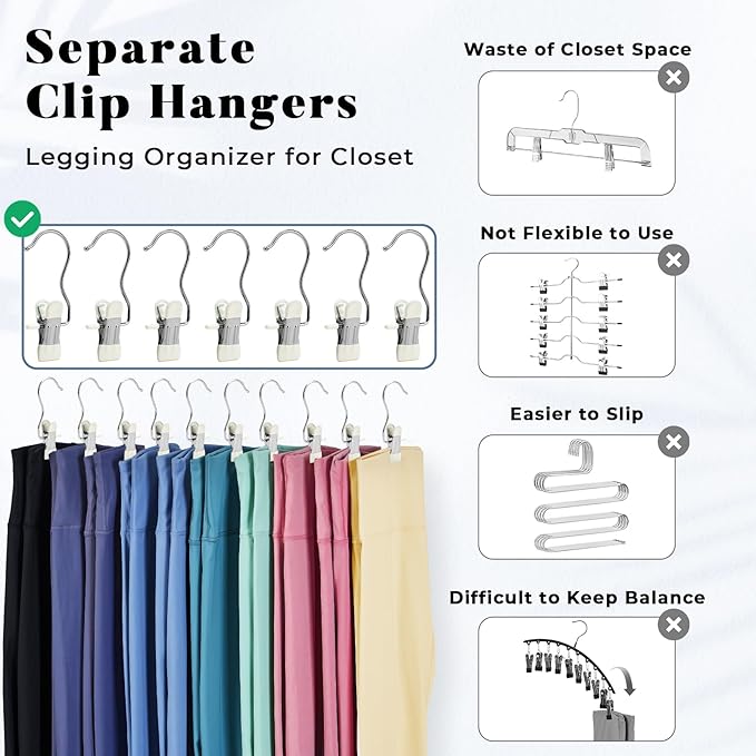 HOUSE DAY Legging and Yoga Pants Hangers with Clips 20 Pack, Closet Organizer Clips, Space Saving Hanging Clips for Hat, Bag, and Home Storage - Ivory