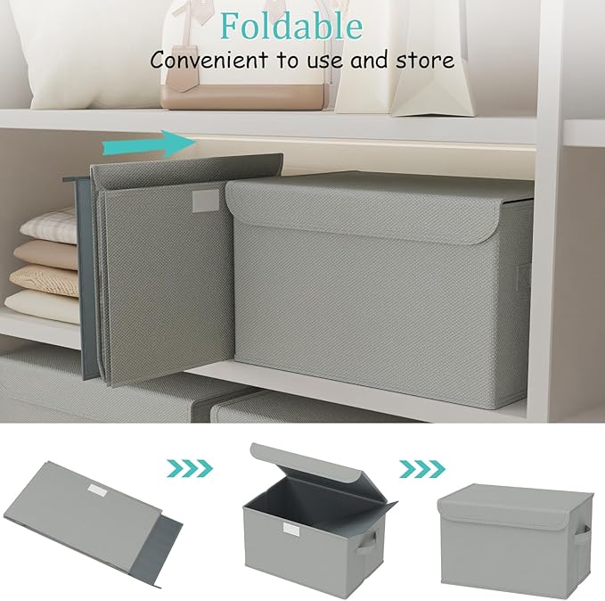 Fabric Storage Bin with Lid, Closet Boxes with Cover, Collapsible Stackable Organizer Basket with 2 Handles, for Home and Bedroom, 4 Pack, Grey, 10.2 x 7.9 x 6.7 In, XSNY12GS-4