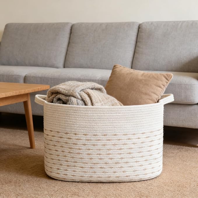 Magazine & Newspaper Baskets,65L Large Woven Rope Blanket Basket,21"x16"x12"Storage Bin with Handle,Toys Storage,Laundry Basket for Home Organization/Living Room/Nursery/Bedroom,White&Yellow