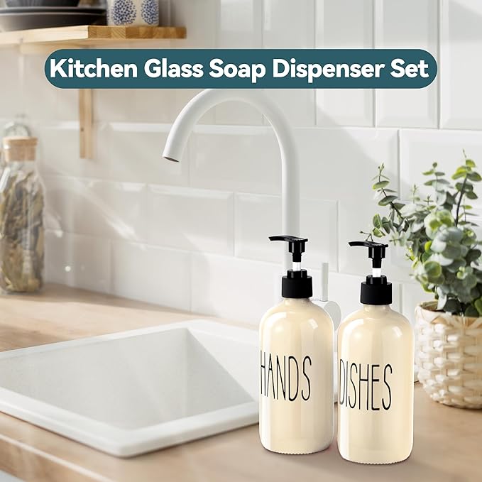 Glass Soap Dispenser Set 2 Pack,16 Oz Dish Soap Dispenser for Kitchen Sink,Beige Kitchen Accessories and Kitchen Decor,Beige Decorations and Kitchen Utensils for Kitchen
