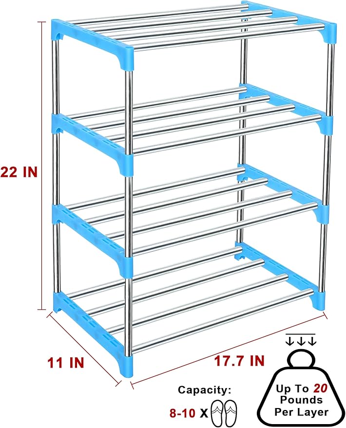 LNYZQUS Upgrade 4 Tier Small Shoe Rack, Kids Show Rack Closet Shoe Organizer,Compact Stackable Shoe Shelf Shoe Stand Floor Shoe Rack for Narrow Space,Zapateras Organizer for Shoes (Blue)