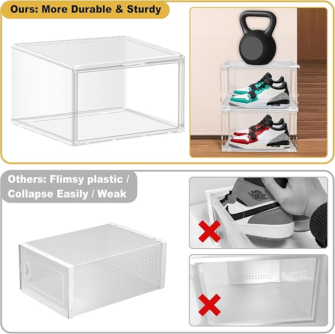 2 Pack Plastic Shoe Storage Boxes Fit US Size 13, Clear Stackable Shoe Display Case with Magnetic Acrylic Door, Shoe Containers for Sneaker Storage, Hats, Figure, Collectible