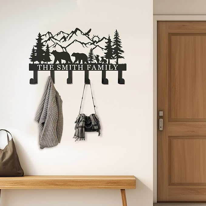 Personalized Metal Coat Rack Wall Mount with Hooks, Decorative Hat & Coat Hooks for Entryway, Hallway, Living Room, and Towel Hooks for Bathroom (Custom)
