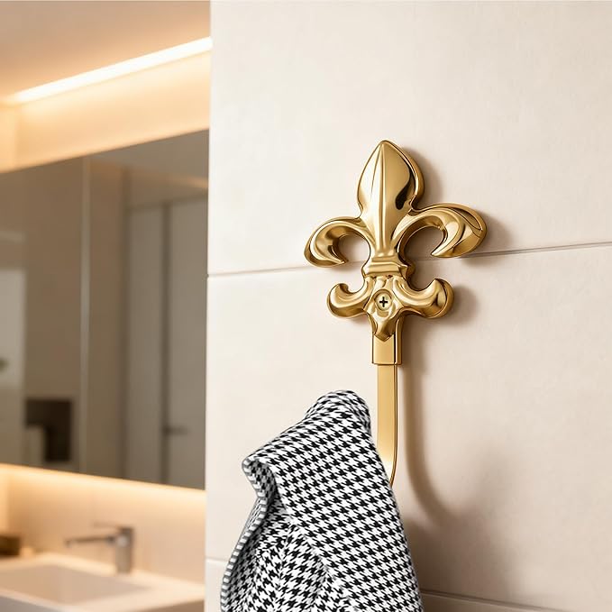 Decorative Wall Hooks for Hanging Things, Vintage Fleur De Lis Metal Coat Hooks, Heavy Duty Gold Rustic Hook for Key, Jewelry, Curtain Tie Backs, Towel, Hat, Small Decorative Hardware 4 Pack