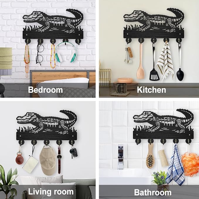 MAYJOYDIY Crocodile Coat Rack Wall Mount Reptile Animal Wood Key Holder for Wall 11.8×7.1inch/30×18.1cm Decorative Key Hooks with 5 Alloy Hooks for Gift, Entryway, Front Door, Hallway, Kitchen, Office