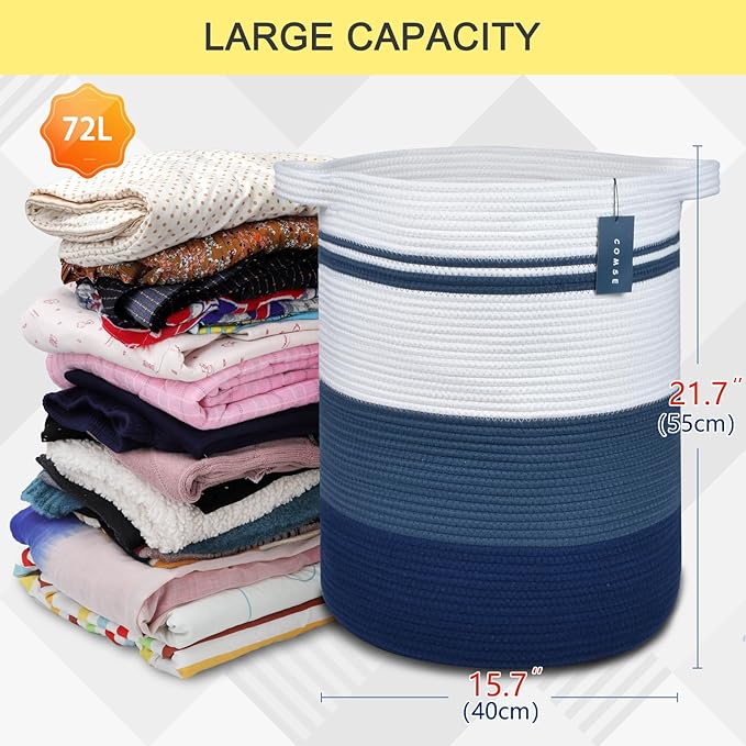 COMSE Extra Large Blanket Basket, Tall Laundry Basket, Nursery Hamper, 15.7âx 21.7â, Cotton Rope Woven Laundry Hamper for Storage Toys Clothes Towels, Gradient Blue