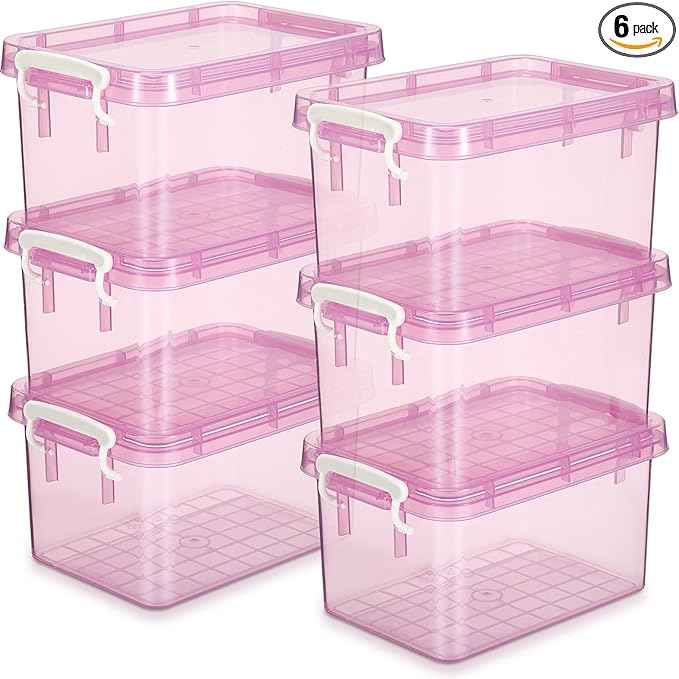 Wenqik 6 Pack Colorful Plastic Storage Bins with Lids 4 Quart Small Storage Latch Box Stackable and Nestable Clear Organizer Bins with Latching Handle and Buckle for Organizing(Pink)